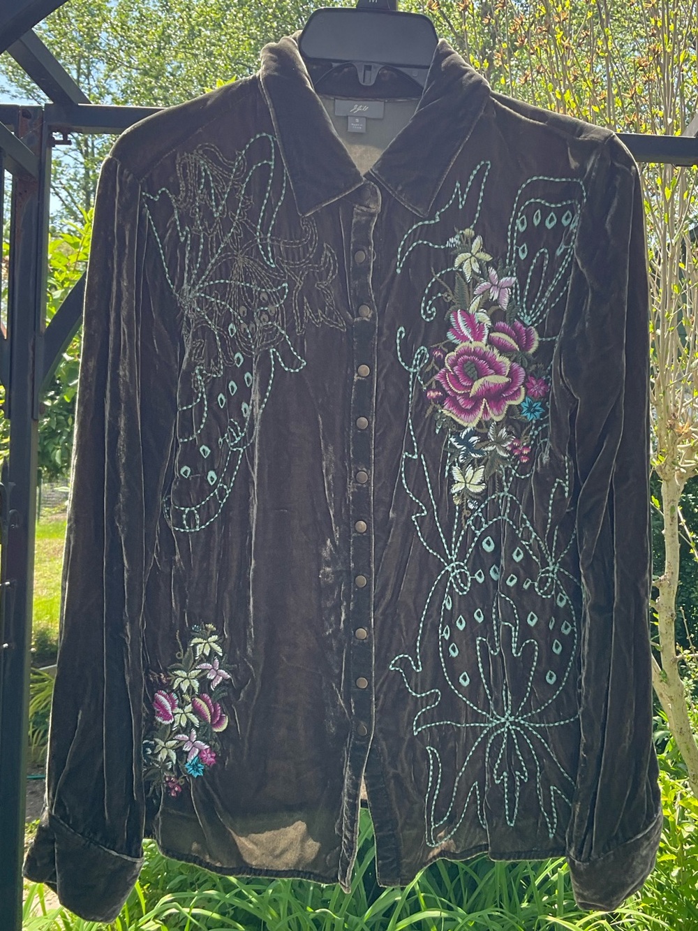 J. Jill Brown Velvet Button-Down Shirt with Pink Floral Embroidery